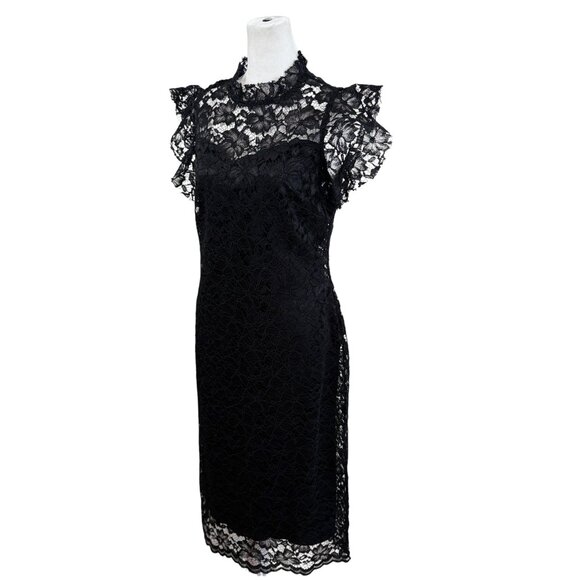 Enfocus Studio Black Floral Lace Cocktail Dress – Sheer Neckline & Ruffle Sleeve - Picture 1 of 8